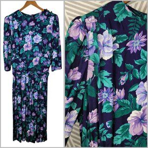 Vintage 80s Shirt Dress 14W 14 Floral Dress Alt Grunge Rose Midi Pleated Skirt